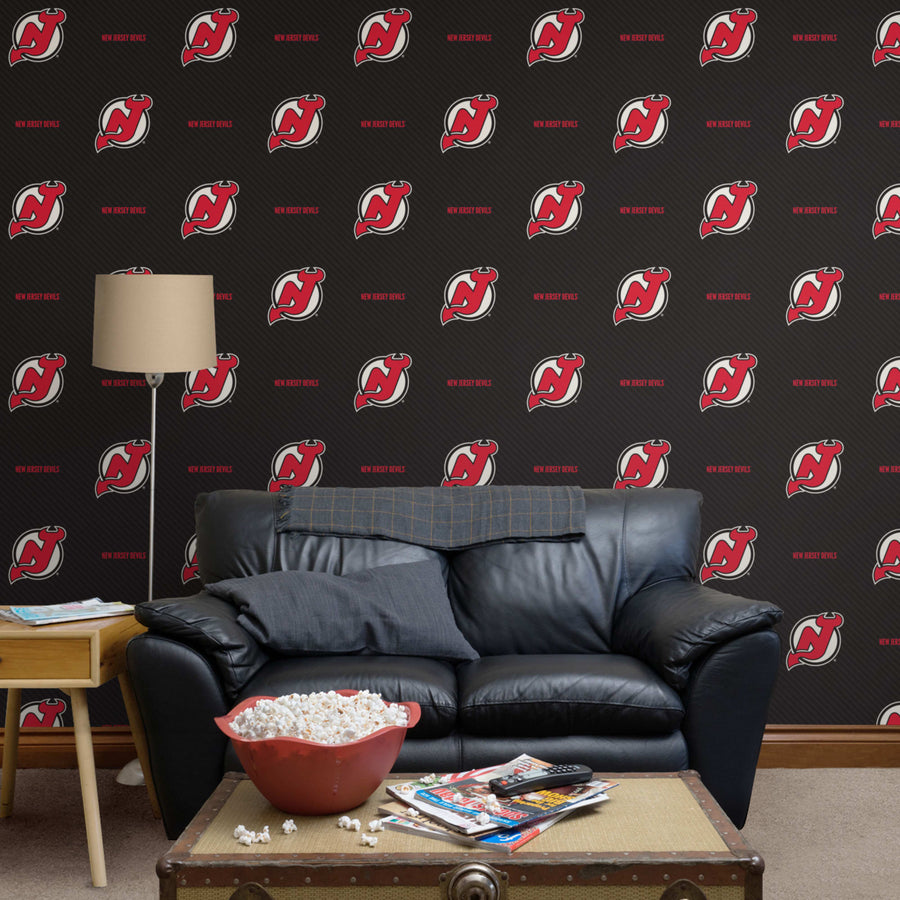 New Jersey Devils (Black) - Stripes Pattern - Peel & Stick Wallpaper - Official NHL - Reusable Vinyl Wall Decals