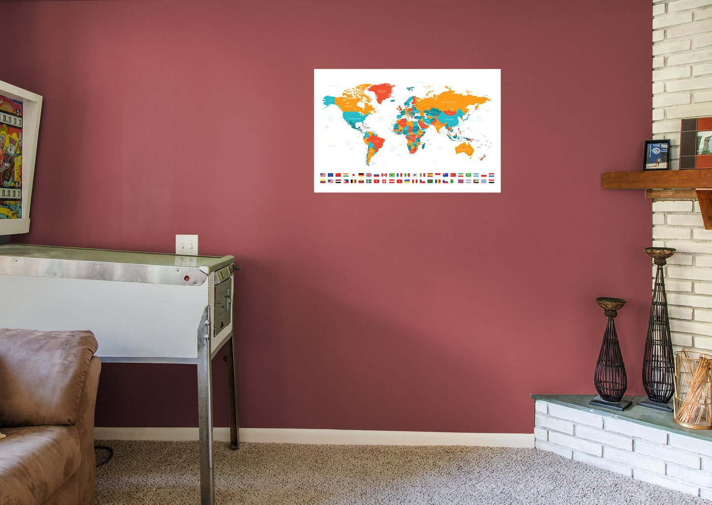 World Maps:  Colored Map and Flags        -   Removable Wall   Adhesive Decal
