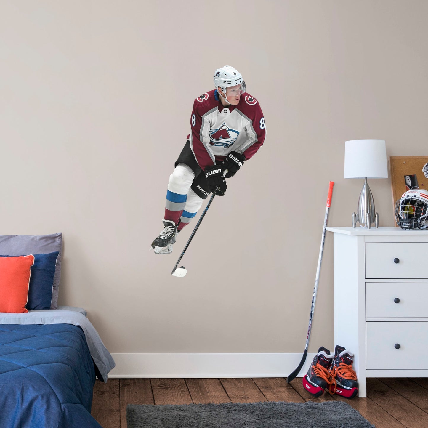 Giant Athlete + 2 Team Decals (28"W x 51"H) If you can't make it out to the rink, bring the rink to your TV room with a high-quality, movable decal of Colorado Avalanche defenseman Cale Makar. Show your support for this first-round pick and Calder Memorial Trophy winner on game day with this heavy-duty wall decal. After all, when it comes to showing your support for the Avs, you gotta go big or go home.