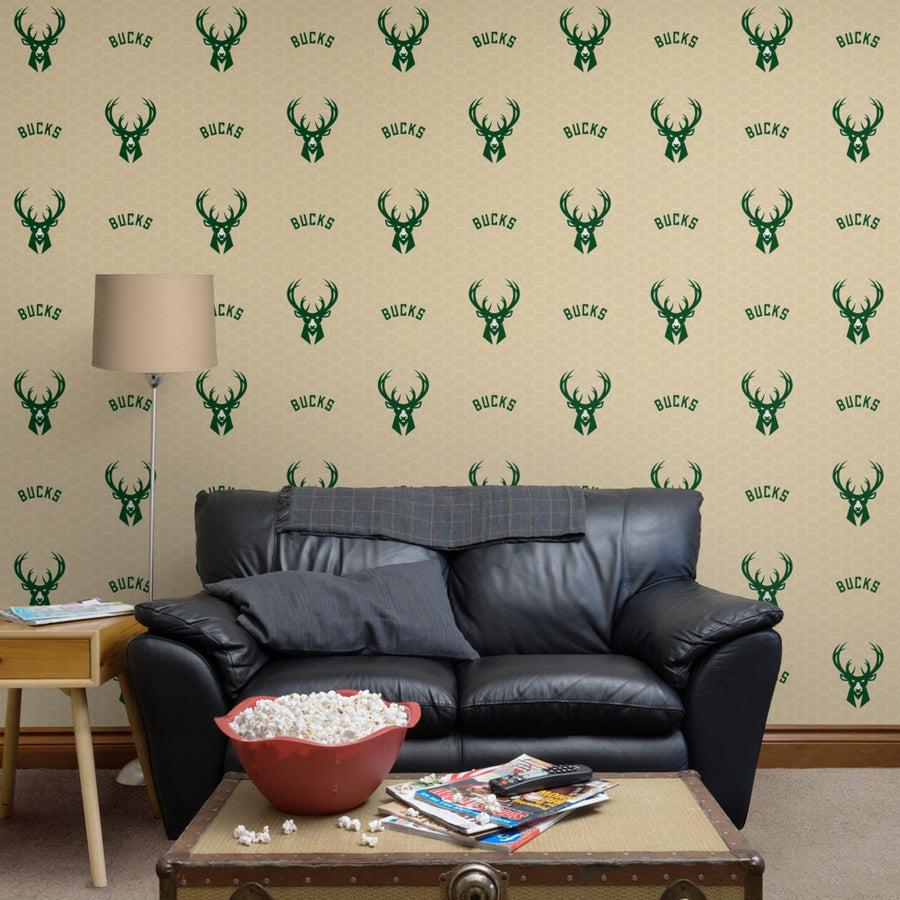 Milwaukee Bucks (Beige) - Logo Pattern - Peel & Stick Wallpaper - Official NBA - Reusable Vinyl Wall Decals