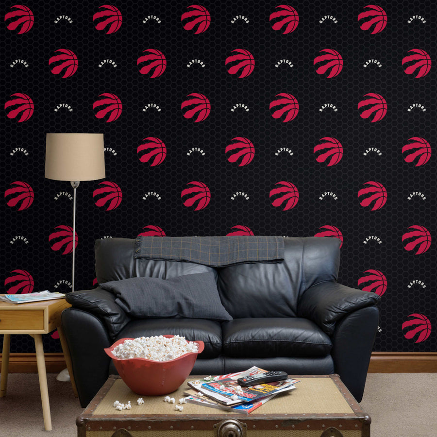 Toronto Raptors (Black) - Logo Pattern - Peel & Stick Wallpaper - Official NBA - Reusable Vinyl Wall Decals