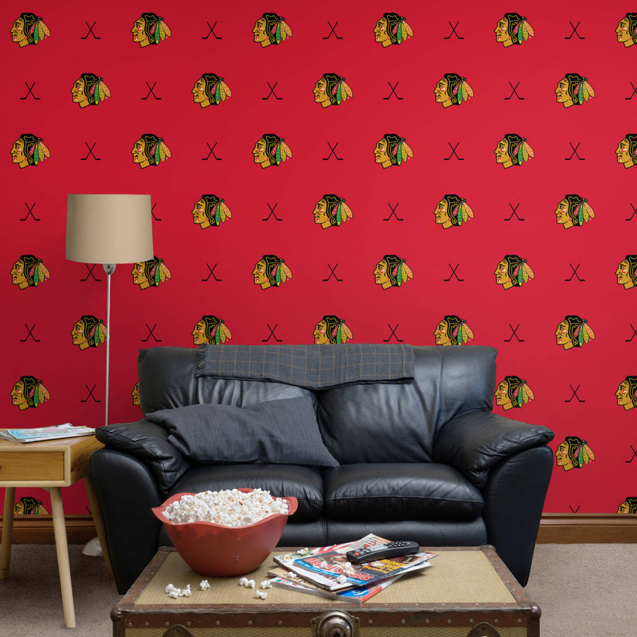 Chicago Blackhawks (Red) - Sticks Pattern - Peel & Stick Wallpaper - Official NHL - Reusable Vinyl Wall Decals