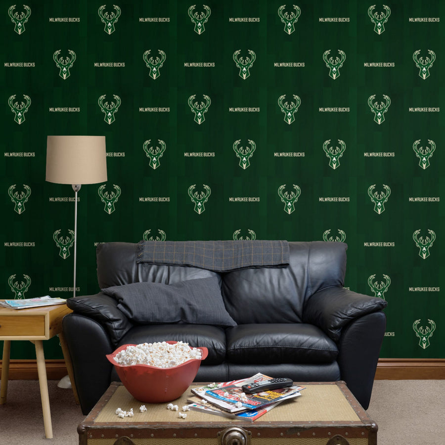 Milwaukee Bucks (Green) - Hardwood Pattern - Peel & Stick Wallpaper - Official NBA - Reusable Vinyl Wall Decals
