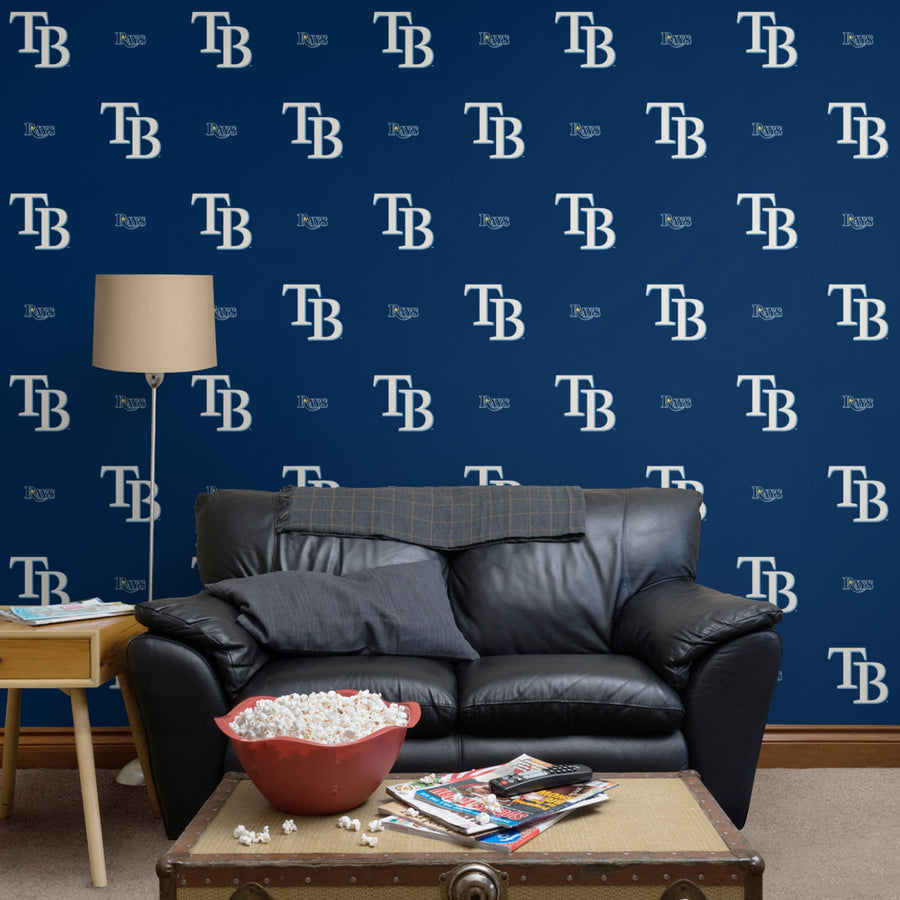 Tampa Bay Rays (Blue) - Logo Pattern - Peel & Stick Wallpaper - Official MLB - Reusable Vinyl Wall Decals