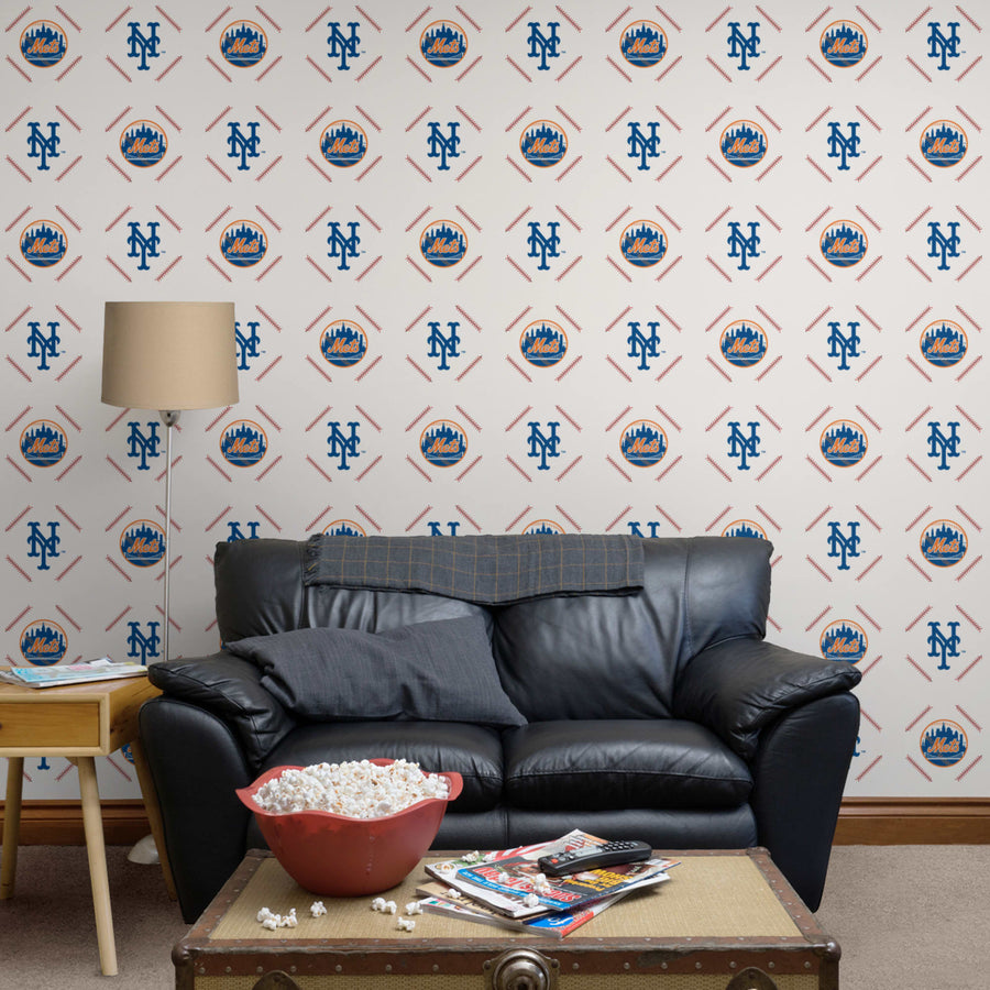 New York Mets - Stitch Pattern - Peel & Stick Wallpaper - Official MLB - Reusable Vinyl Wall Decals
