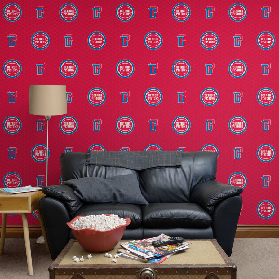 Detroit Pistons (Red) - Logo Pattern - Peel & Stick Wallpaper - Official NBA - Reusable Vinyl Wall Decals