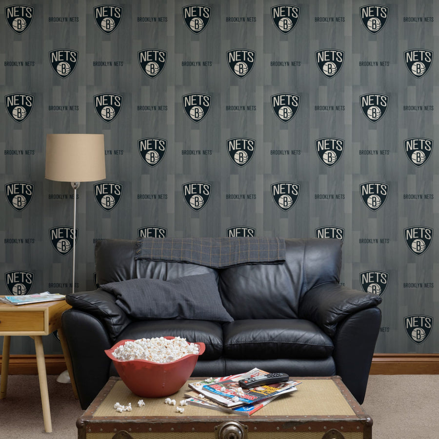 Brooklyn Nets (Gray) - Hardwood Pattern - Peel & Stick Wallpaper - Official NBA - Reusable Vinyl Wall Decals