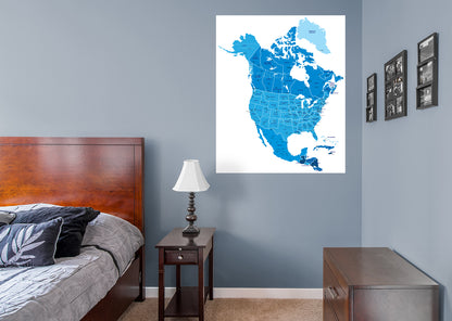Maps: North America Blue Mural        -   Removable Wall   Adhesive Decal