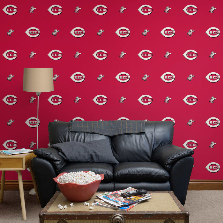 Cincinnati Reds (Red) - Logo Pattern - Peel & Stick Wallpaper - Official MLB - Reusable Vinyl Wall Decals