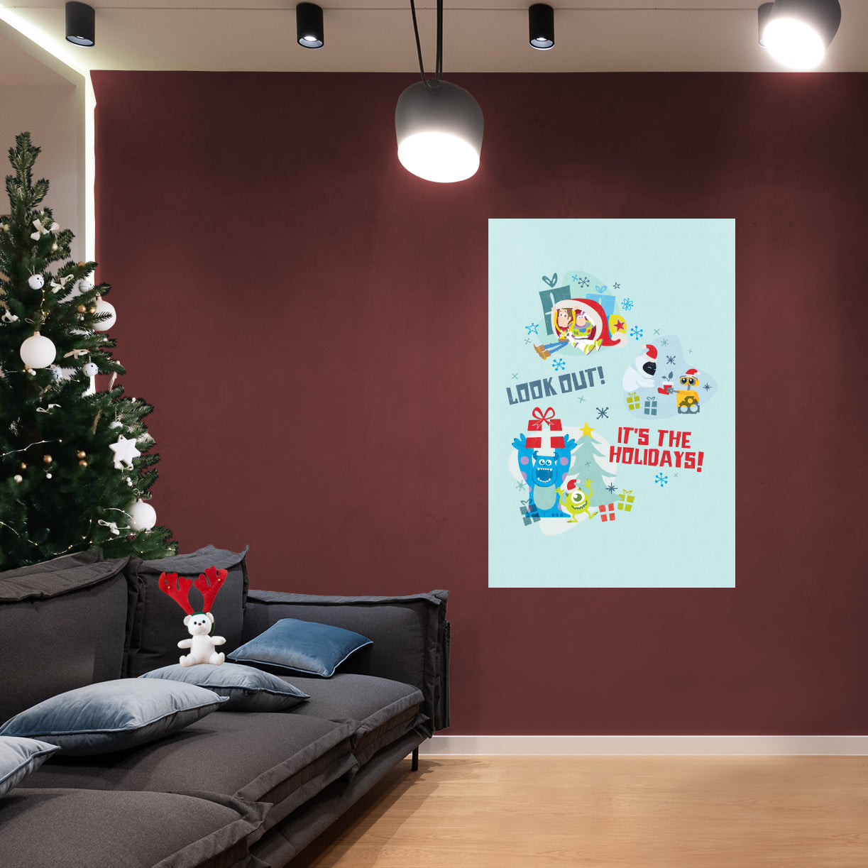 Disney Pixar Festive Cheer: Buzz, Woody, EVE, Wall-E, Mike, Sulley Look Out Mural - Officially Licensed Disney Removable Adhesive Decal