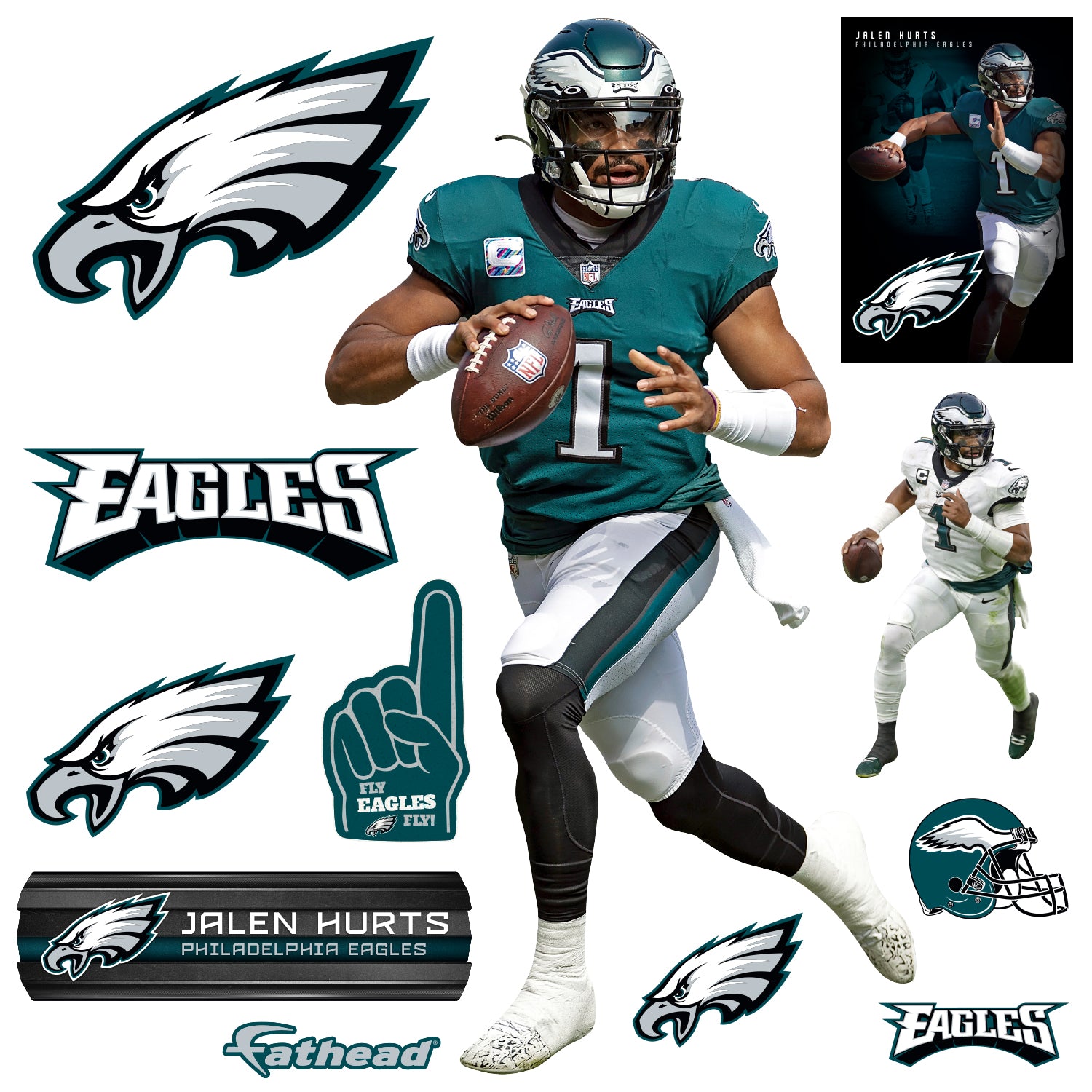 Philadelphia Eagles: Jalen Hurts 2021 No.1 - NFL Removable Adhesive Wall Decal Giant Athlete +2 Wall Decals 28W x 51H