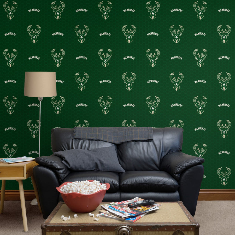 Milwaukee Bucks (Green) - Logo Pattern - Peel & Stick Wallpaper - Official NBA - Reusable Vinyl Wall Decals