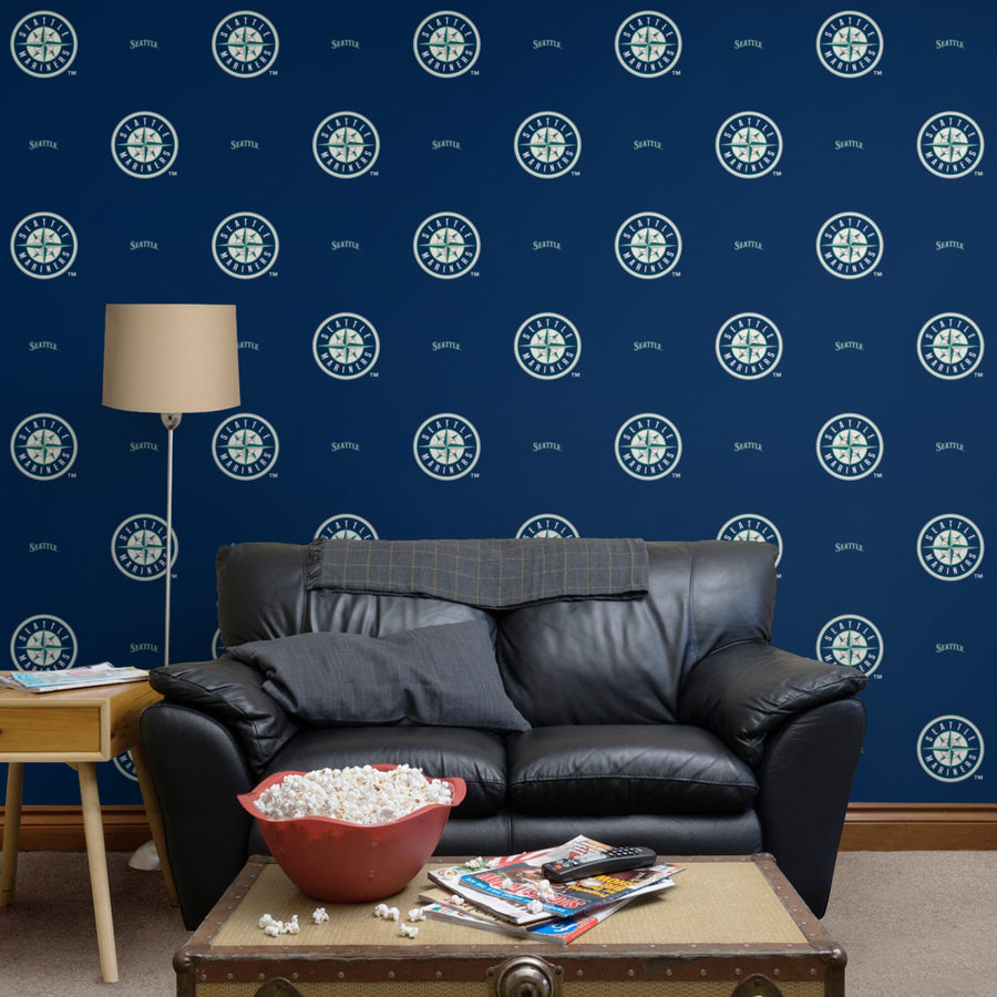Seattle Mariners (Blue) - Logo Pattern - Peel & Stick Wallpaper - Official MLB - Reusable Vinyl Wall Decals