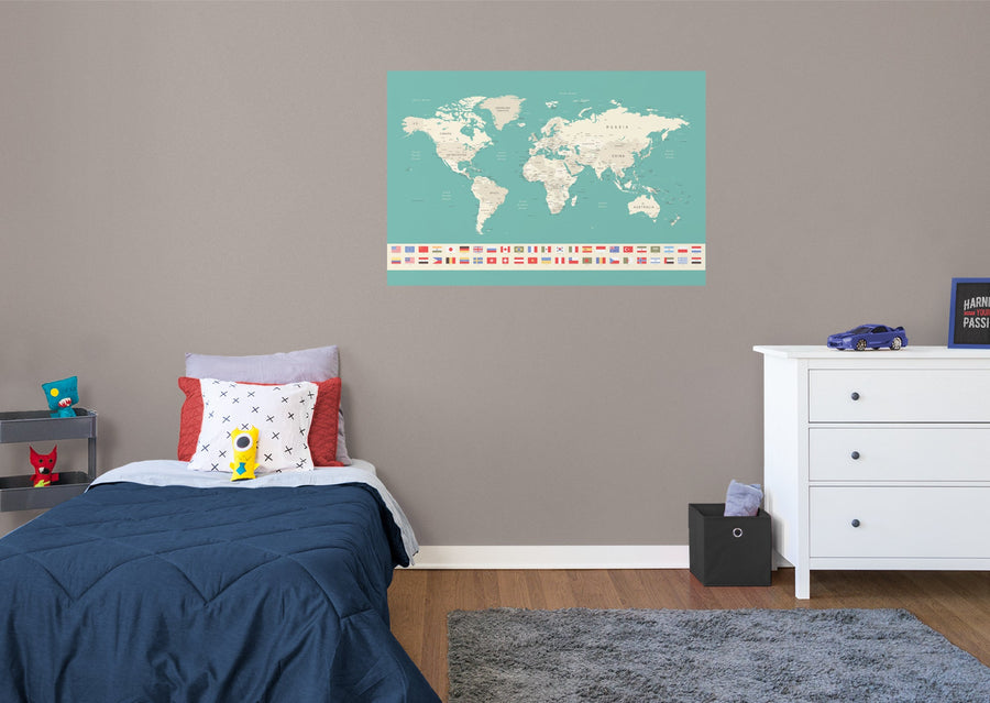 World Maps:  World Map and Flags Mural        -   Removable Wall   Adhesive Decal