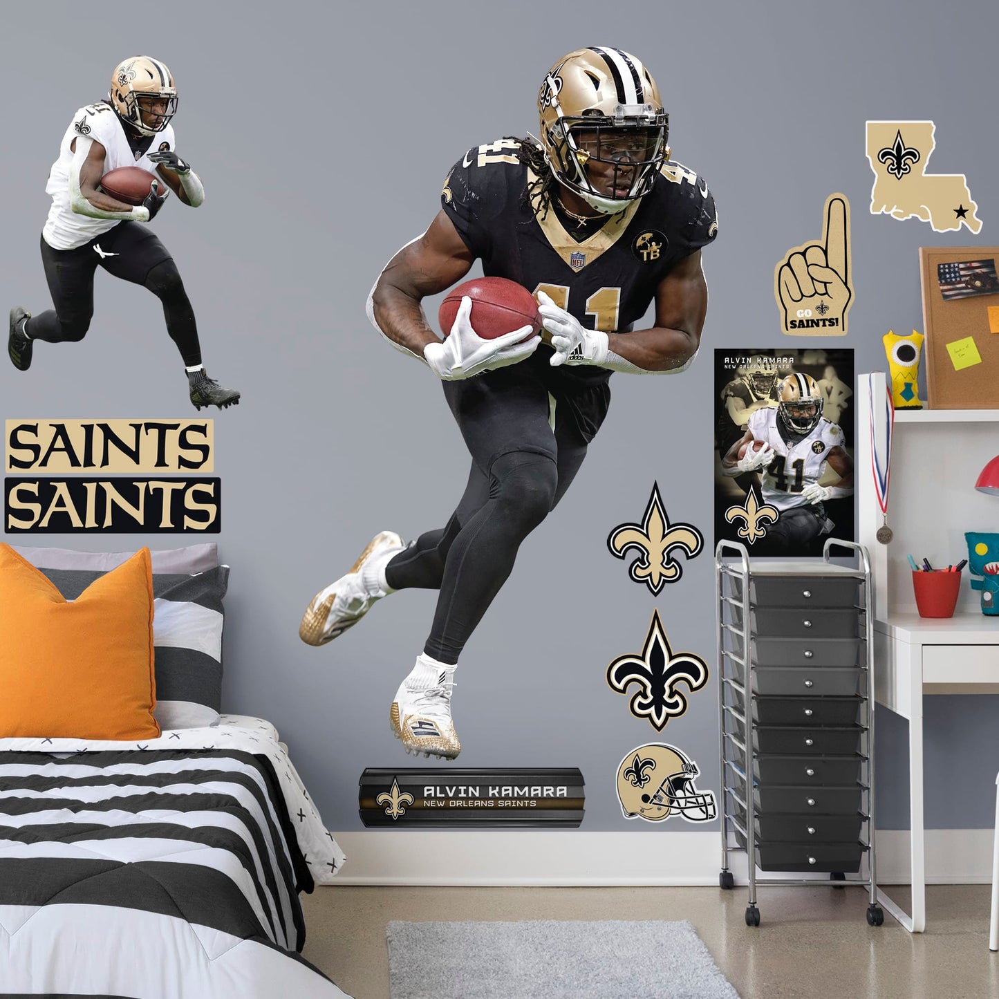 X-Large Athlete + 2 Decals (23"W x 39"H) Who Dat! Running back Alvin Kamara of the New Orleans Saints had a stellar start to his NFL career with an impressive 32 TDs in his first two seasons - an MVP in the making. Deck your walls in black and gold with a high-grade vinyl decal of the Saints' #41. It won't fade or tear, so remove it and reuse it wherever you watch the big game. Geaux Saints!