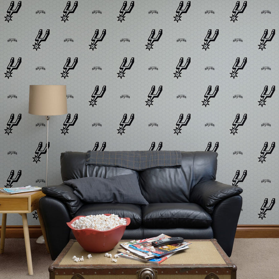 San Antonio Spurs (Gray) - Logo Pattern - Peel & Stick Wallpaper - Official NBA - Reusable Vinyl Wall Decals
