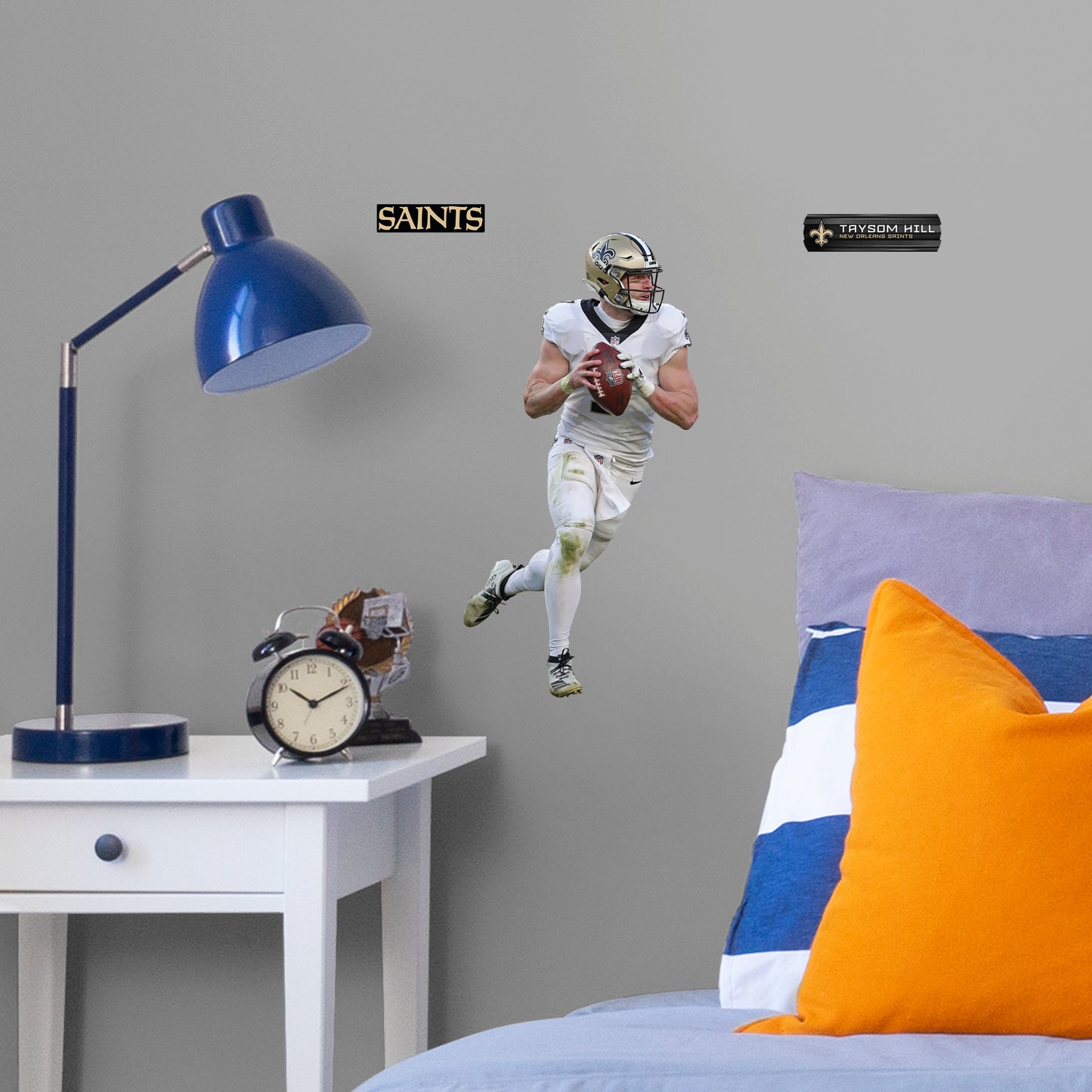 Large Athlete + 2 Decals (8"W x 16"H) Bring the action of the NFL into your home with a wall decal of Taysom Hill! High quality, durable, and tear resistant, you'll be able to stick and move it as many times as you want to create the ultimate football experience in any room!