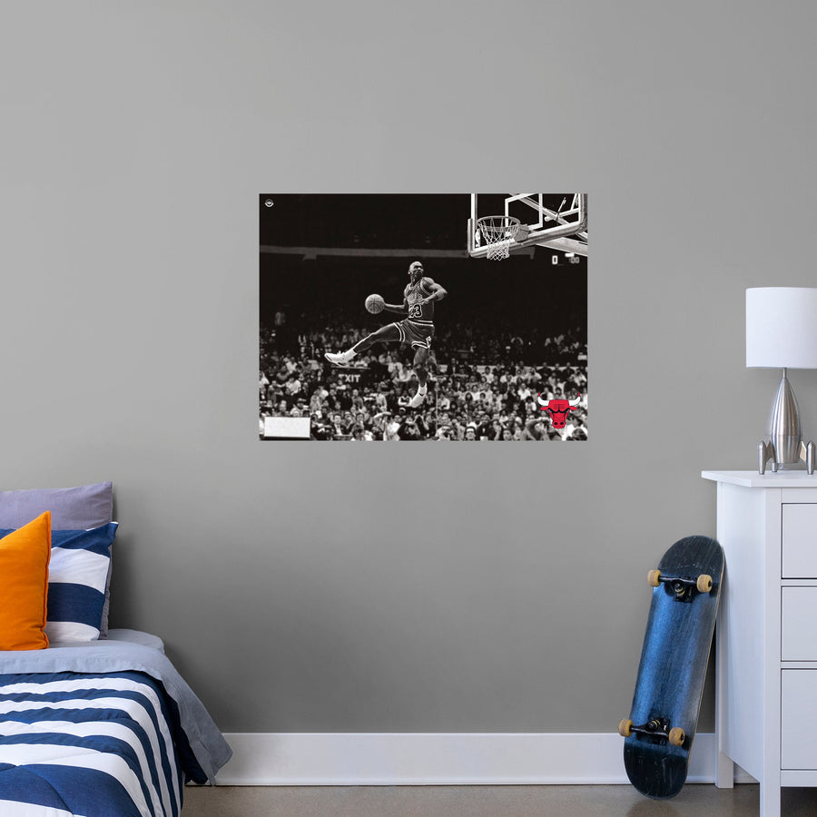 Michael Jordan - Black and White Dunk - Peel & Stick Poster - Official NBA - Chicago Bulls - Reusable Vinyl Wall Decal