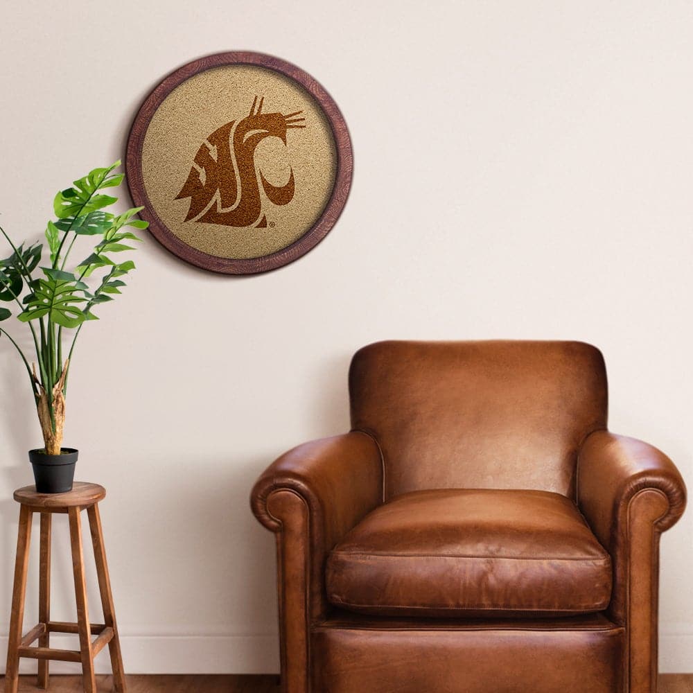 Washington State Cougars: Logo - "Faux" Barrel Framed Cork Board - The Fan-Brand