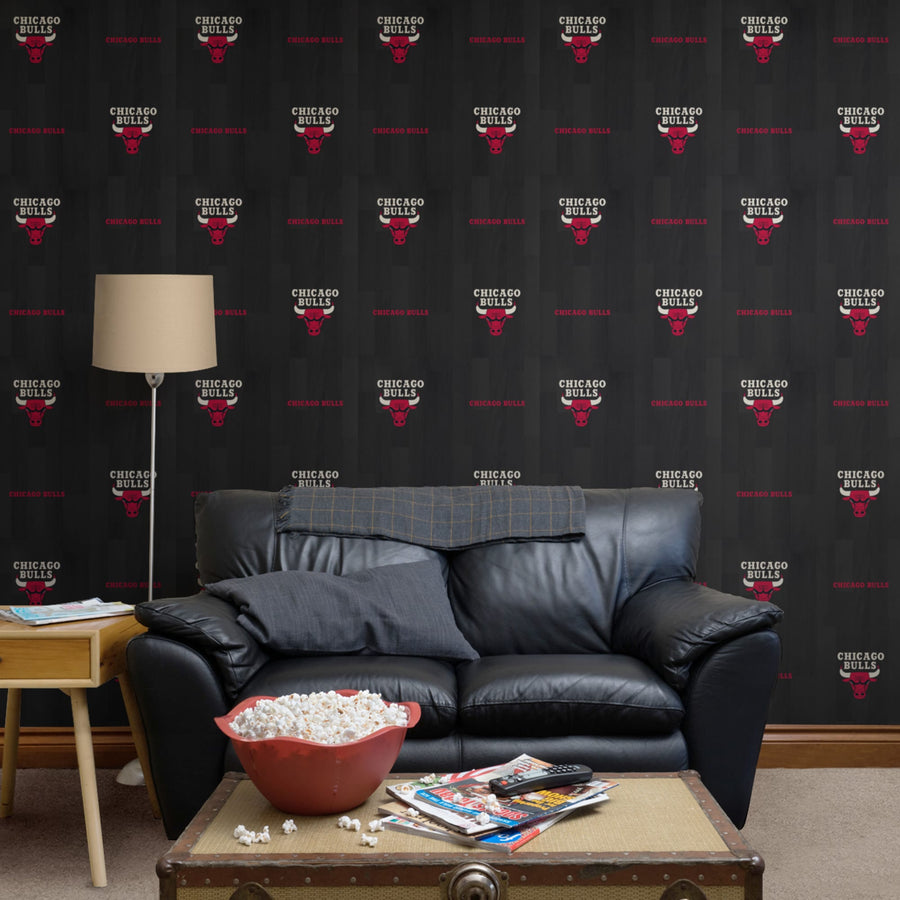 Chicago Bulls (Black) - Hardwood Pattern - Peel & Stick Wallpaper - Official NBA - Reusable Vinyl Wall Decals
