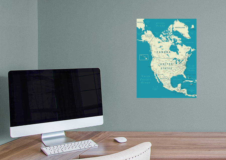 Maps: North America Vintage Blue Mural        -   Removable Wall   Adhesive Decal