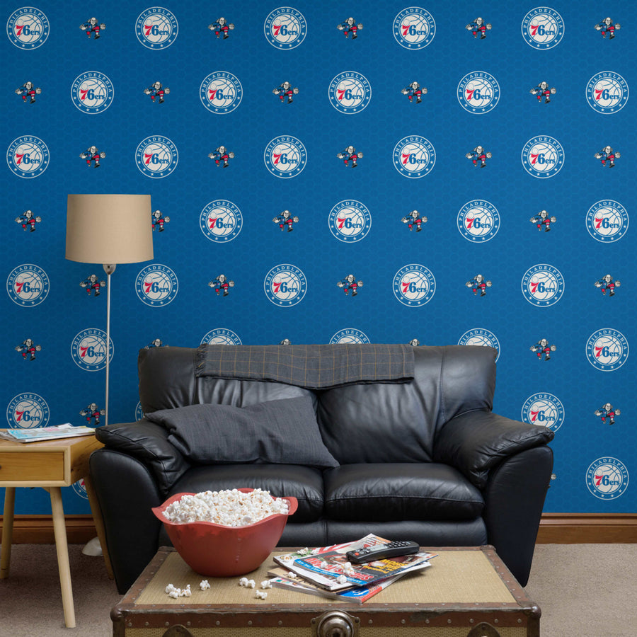 Philadelphia 76ers (Blue) - Logo Pattern - Peel & Stick Wallpaper - Official NBA - Reusable Vinyl Wall Decals
