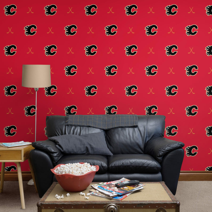 Calgary Flames (Red) - Sticks Pattern - Peel & Stick Wallpaper - Official NHL - Reusable Vinyl Wall Decals