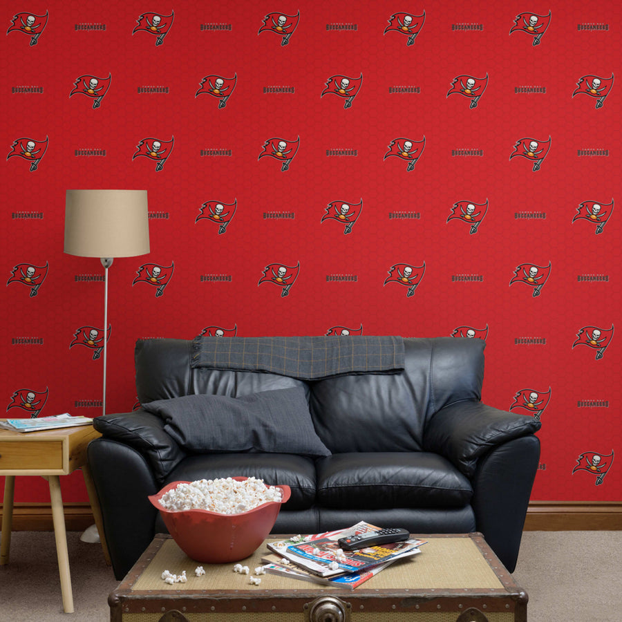Tampa Bay Buccaneers (Red) - Logo Pattern - Peel & Stick Wallpaper - Official NFL - Reusable Vinyl Wall Decals