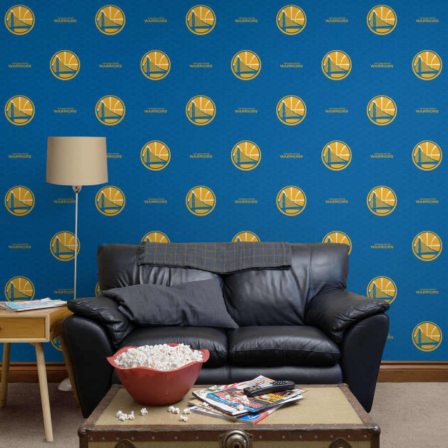 Golden State Warriors (Blue) - Logo Pattern - Peel & Stick Wallpaper - Official NBA - Reusable Vinyl Wall Decals