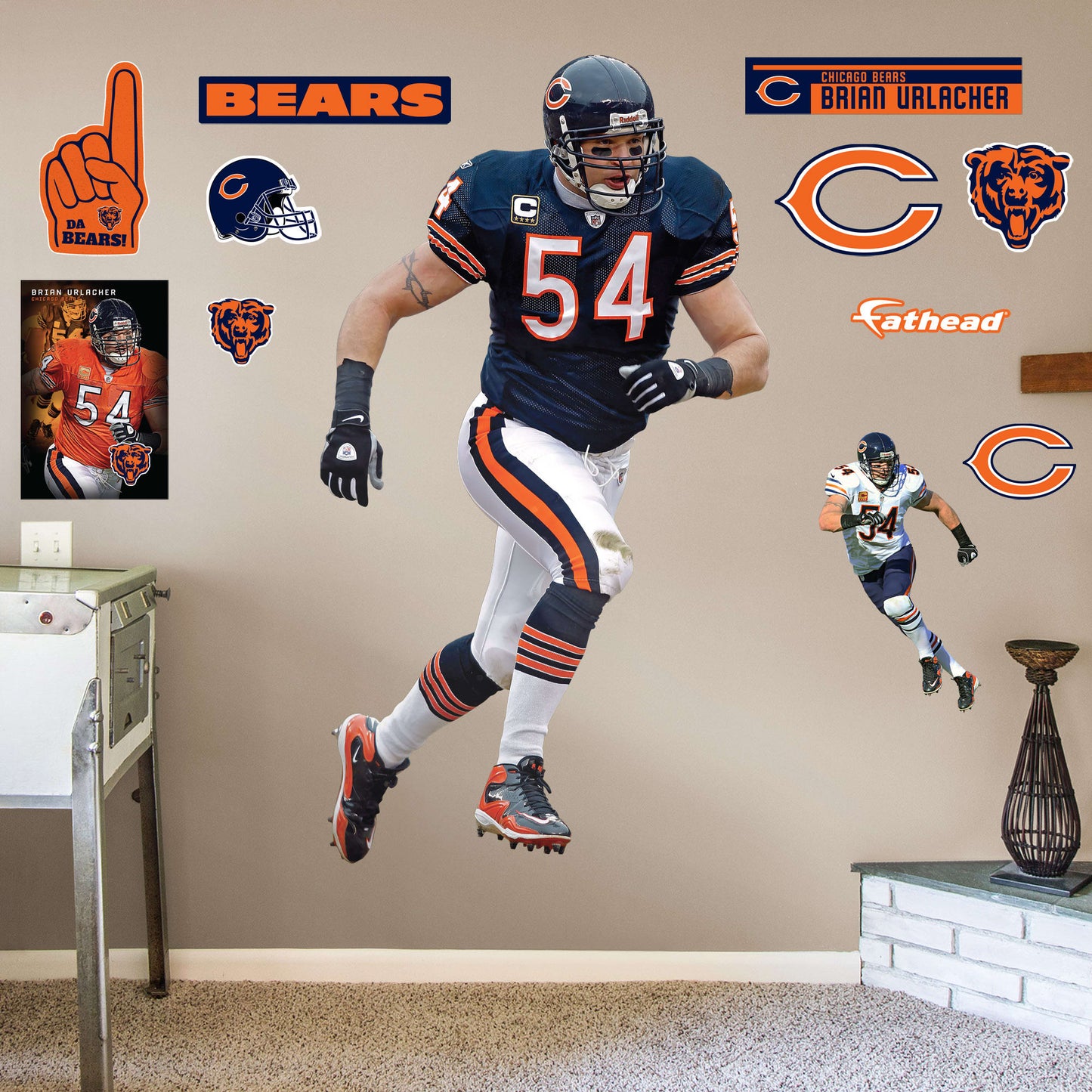 Life-Size Athlete + 11 Decals (43"W x 78"H) For 13 years, the Chicago Bears watched #54 earn his place as one of the Top 100 Bears of All time. Rep the navy blue and burnt orange with a high-grade vinyl decal of Da Bears legend Brian Urlacher. Removable, reusable, and tear-resistant, this Hall of Famer is great for bedrooms, man caves, or even as a temporary party decoration. Bear down, Chicago Bears!