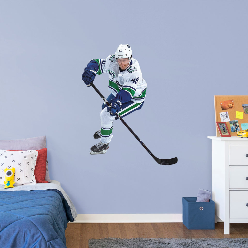 Giant Athlete + 2 Decals (44"W x 56"H) Elias Peterson has been a standout in the league since the very beginning, and now you can bring him to life in your own home with this Officially Licensed NHL Removable Wall Decal! Canucks fans and NHL fanatics alike will love this durable and high quality wall decal and, with the excitement it brings to your space, it's almost as good as being at Rogers Arena!