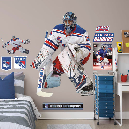 Life-Size Athlete + 8 Decals (51"W x 65"H) Nothing gets past The King! Celebrate the impressive goaltending career of Henrik Lundqvist with this sturdy removable wall decal set depicting him poised to stop that puck. The gold-medal-winning hockey player looks great on any office or bedroom wall, and, unlike this goalie, the decal can be repositioned over time. It's also a great gift for anyone who appreciates Lundqvist's unique approach to tending goal!