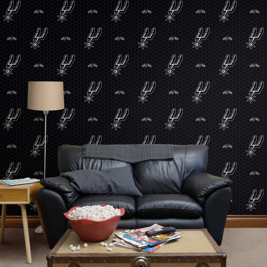 San Antonio Spurs (Black) - Logo Pattern - Peel & Stick Wallpaper - Official NBA - Reusable Vinyl Wall Decals