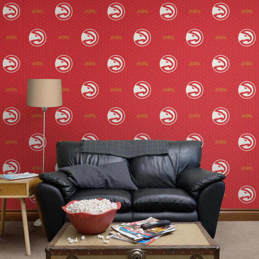 Atlanta Hawks (Red) - Logo Pattern - Peel & Stick Wallpaper - Official NBA - Reusable Vinyl Wall Decals