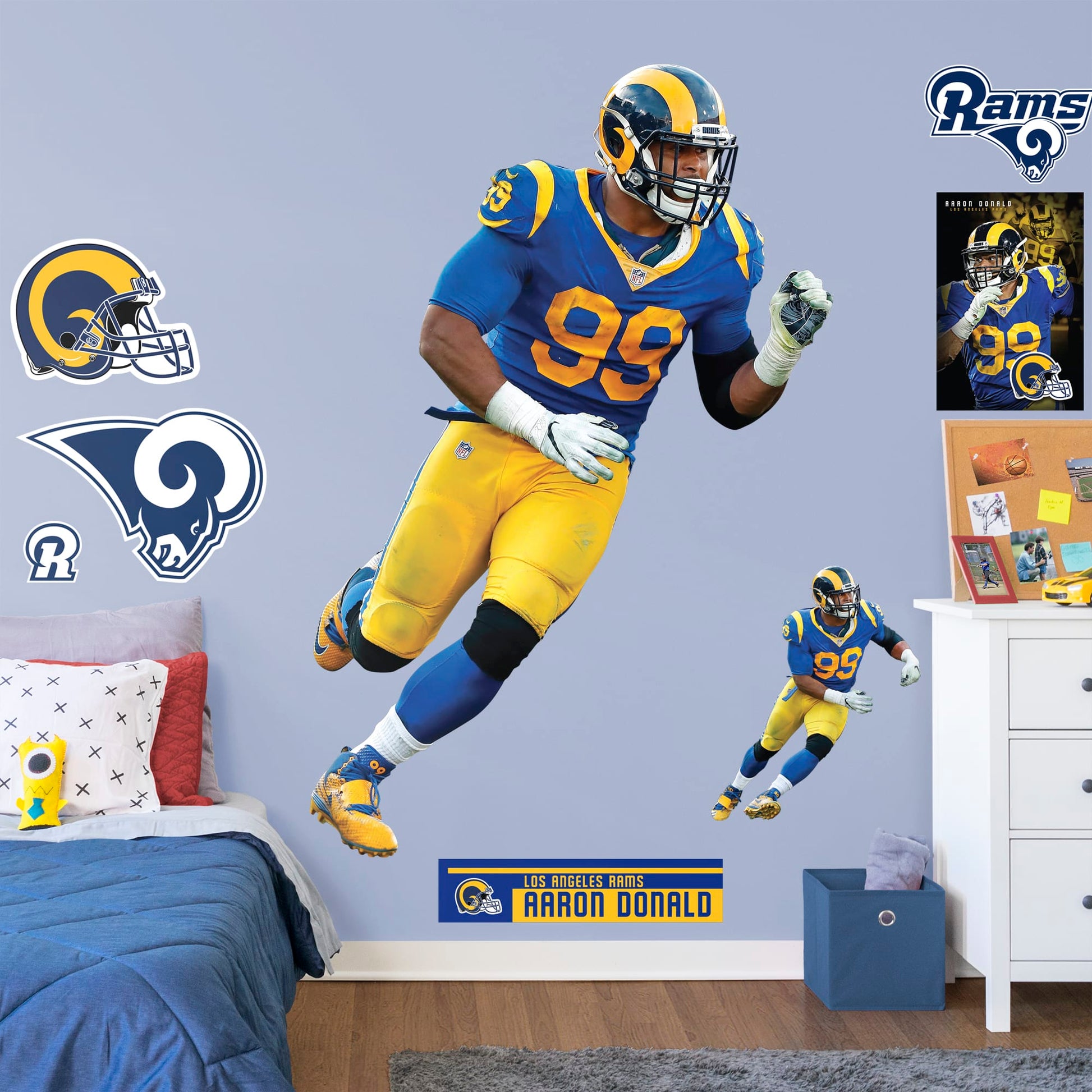Life-Size Athlete + 8 Decals (44"W x 77"H) Ever wish you could meet Aaron Donald, one of the greatest defensive tackles in football history? Show your Los Angeles Rams team spirit with a life-size wall decal of the former Pittsburgh player once recognized as a unanimous All-American draft pick. Officially licensed by the NFL, this removable, high-quality Aaron Donald Throwback Jersey decal will show your Rams pride like no poster can.
