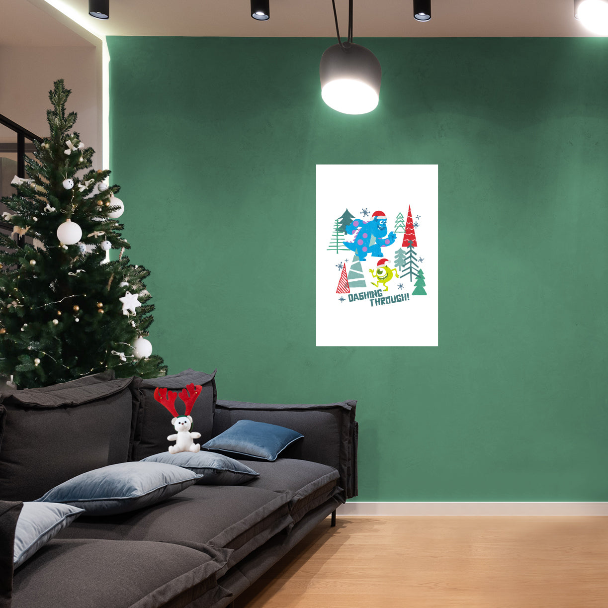 Monsters Inc Festive Cheer: Sulley & Mike Dashing Through Mural        - Officially Licensed Disney Removable     Adhesive Decal