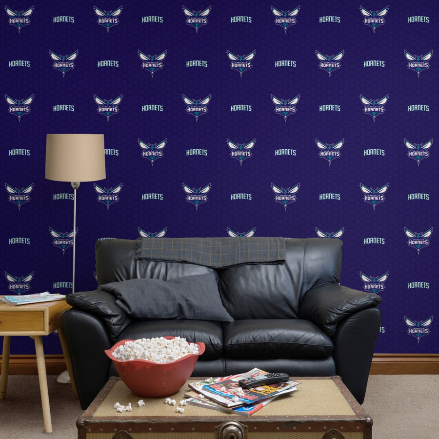 Charlotte Hornets (Purple) - Logo Pattern - Peel & Stick Wallpaper - Official NBA - Reusable Vinyl Wall Decals