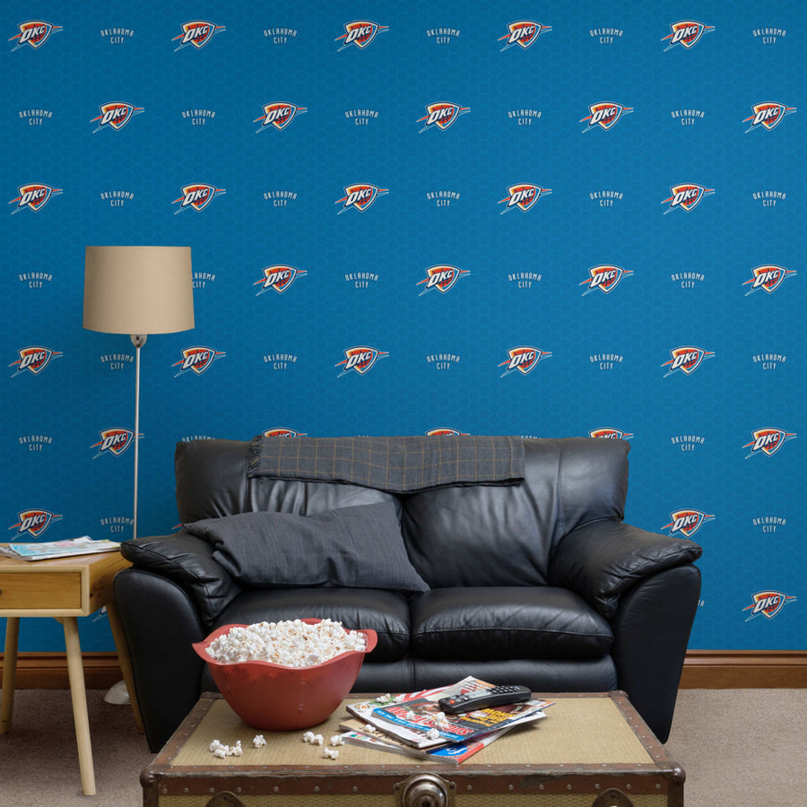 Oklahoma City Thunder (Blue) - Logo Pattern - Peel & Stick Wallpaper - Official NBA - Reusable Vinyl Wall Decals